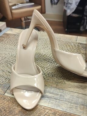 Patent Open-Toe High Heel Mule in Nude/Cream